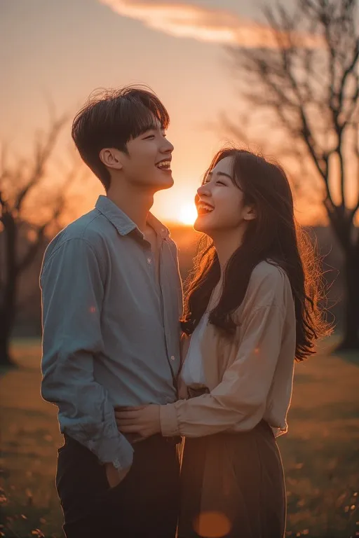 노을 배경의 야외에서 서로를 바라보며 밝게 웃고 있는 행복한 커플의 데이트 모습.