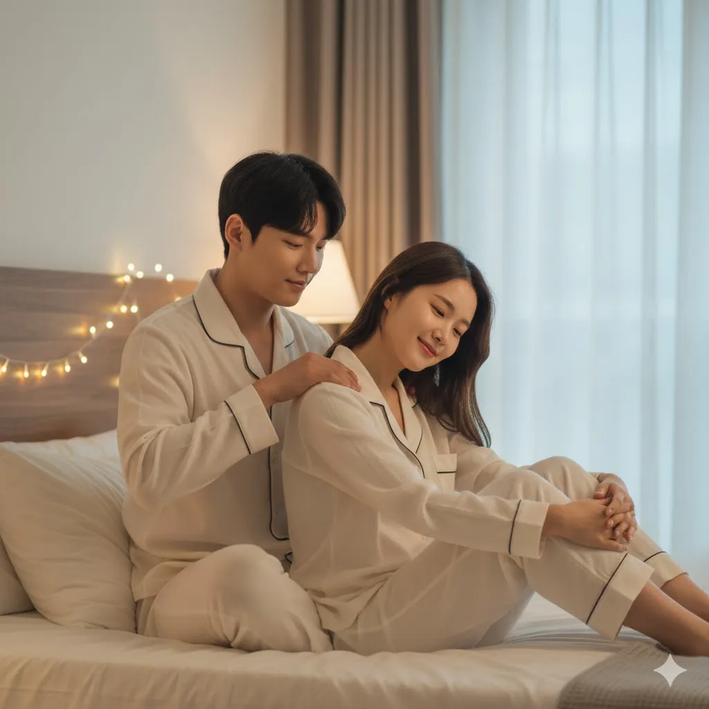 따뜻한 조명 아래 침실에서 파트너에게 어깨 관리를 받는 여성마사지 모습.