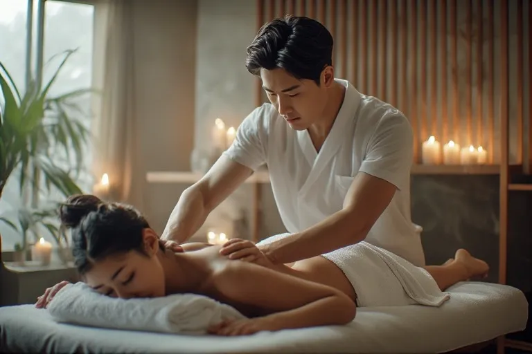 아늑한 샵에서 테라피스트가 고객의 등 근육을 이완해주는 토닥이 모습.