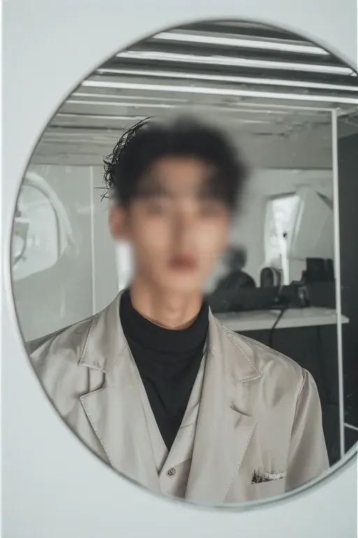 원형 거울 속에 비친 단정한 회색 수트를 입은 부천 지역 전담 여성전용마사지 매니저.