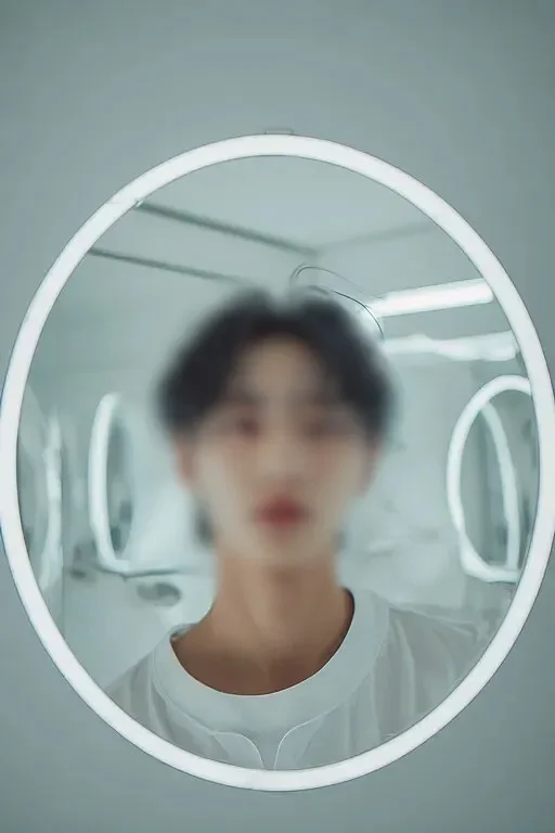 원형 조명 거울 앞에 서서 신뢰감 있는 분위기를 자아내는 강남 지역 전문 토닥이 매니저.