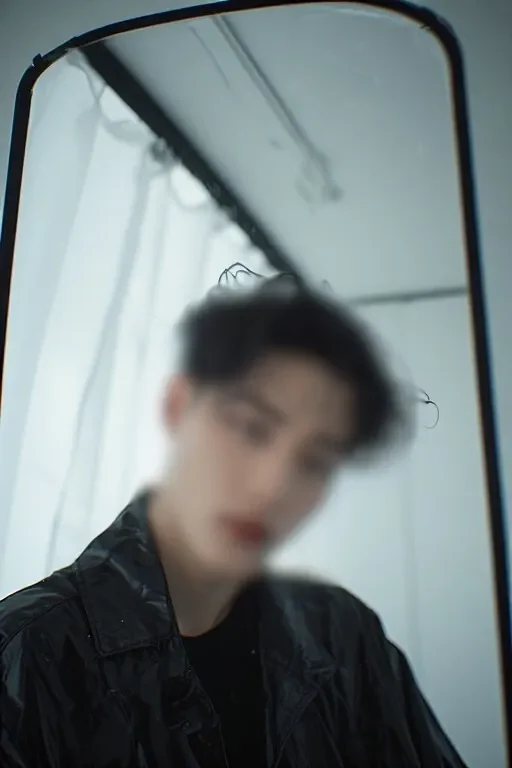 세련된 블랙 자켓을 입고 거울 앞에서 신비로운 분위기를 자아내는 구로 지역 전담 여성전용마사지 매니저.