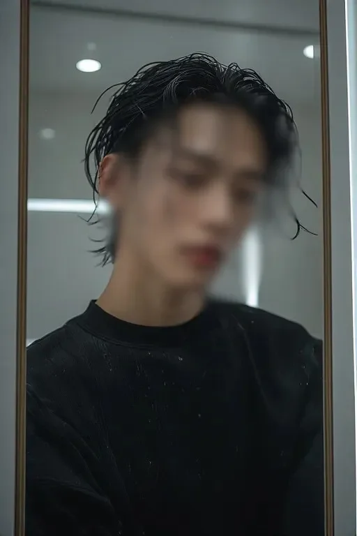 거울 속에 비친 세련된 스타일의 관악 지역 전담 여성전용마사지 매니저 모습.