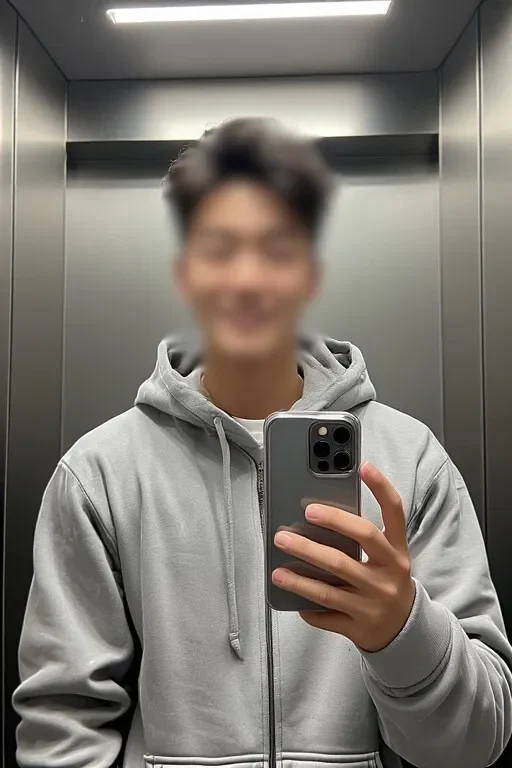 엘리베이터 안에서 회색 후드티를 입고 거울 셀카를 찍는 중랑 지역 전담 여성마사지 매니저.