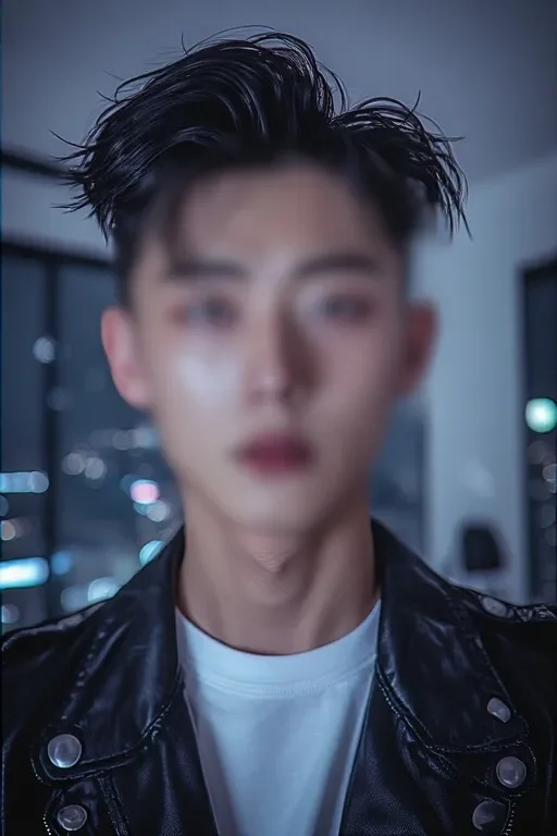 세련된 가죽 자켓을 입고 도시 야경을 배경으로 선 중랑 지역 전담 여성전용마사지 매니저.