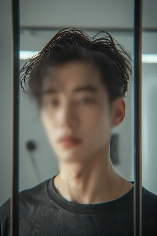 거울 프레임 사이로 매력적인 눈빛을 보내는 마포 지역 전담 여성마사지 매니저.