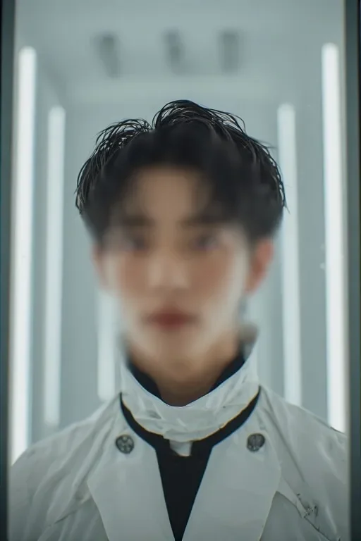 세련된 화이트 제복을 입고 거울 앞에서 신뢰감을 주는 용산 지역 전담 여성마사지 매니저.